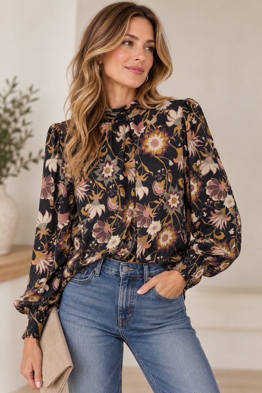 Evereve Womens Floral Blouse Size M Long Sleeve Dark Fairy Boho Black Cream